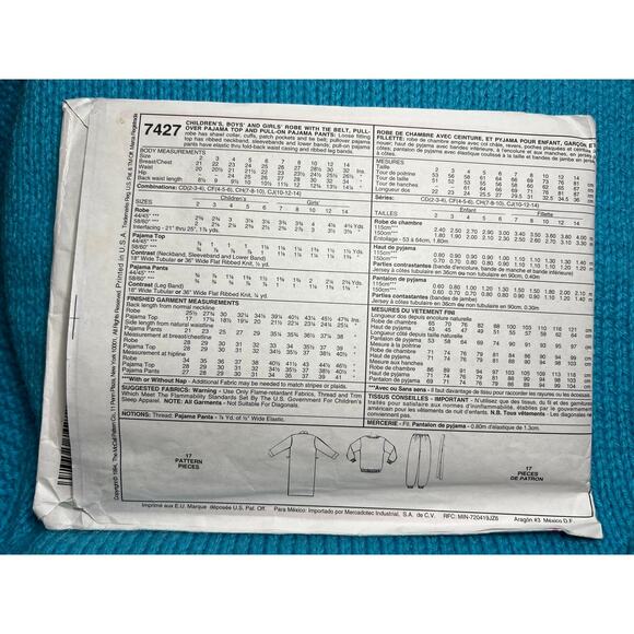 McCalls 7427 Sewing pattern Kids robe pajama top pant size 4 5 6 - Picture 3 of 6